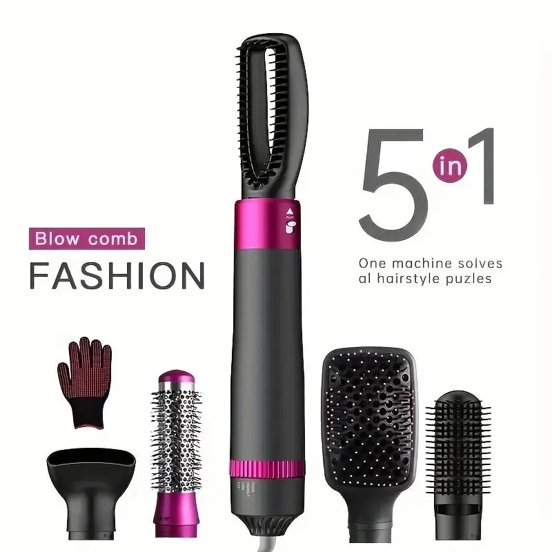 5 in 1 Negative Ion Hot Air Brush Kit Hair Dryer with 5 Detachable Brush Heads for Straightening and Curling Styling.