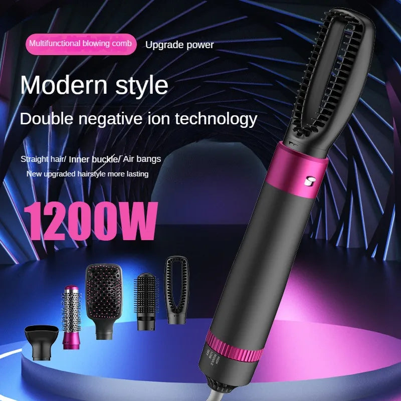 5 in 1 Negative Ion Hot Air Brush Kit Hair Dryer with 5 Detachable Brush Heads for Straightening and Curling Styling.