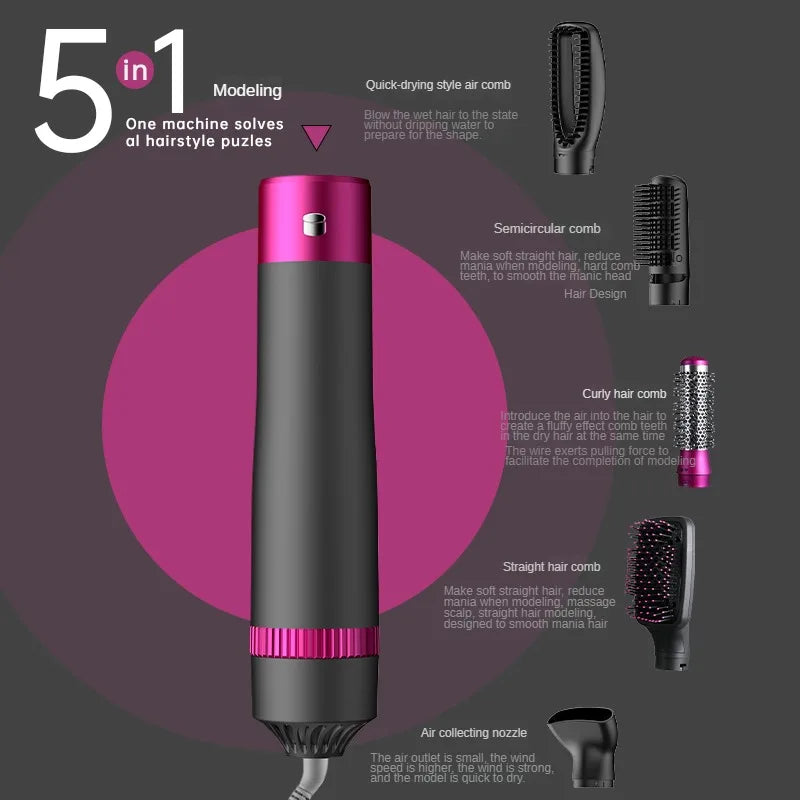 5 in 1 Negative Ion Hot Air Brush Kit Hair Dryer with 5 Detachable Brush Heads for Straightening and Curling Styling.