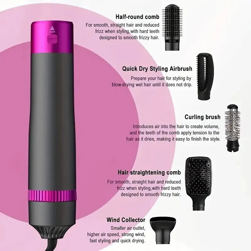 5 in 1 Negative Ion Hot Air Brush Kit Hair Dryer with 5 Detachable Brush Heads for Straightening and Curling Styling.