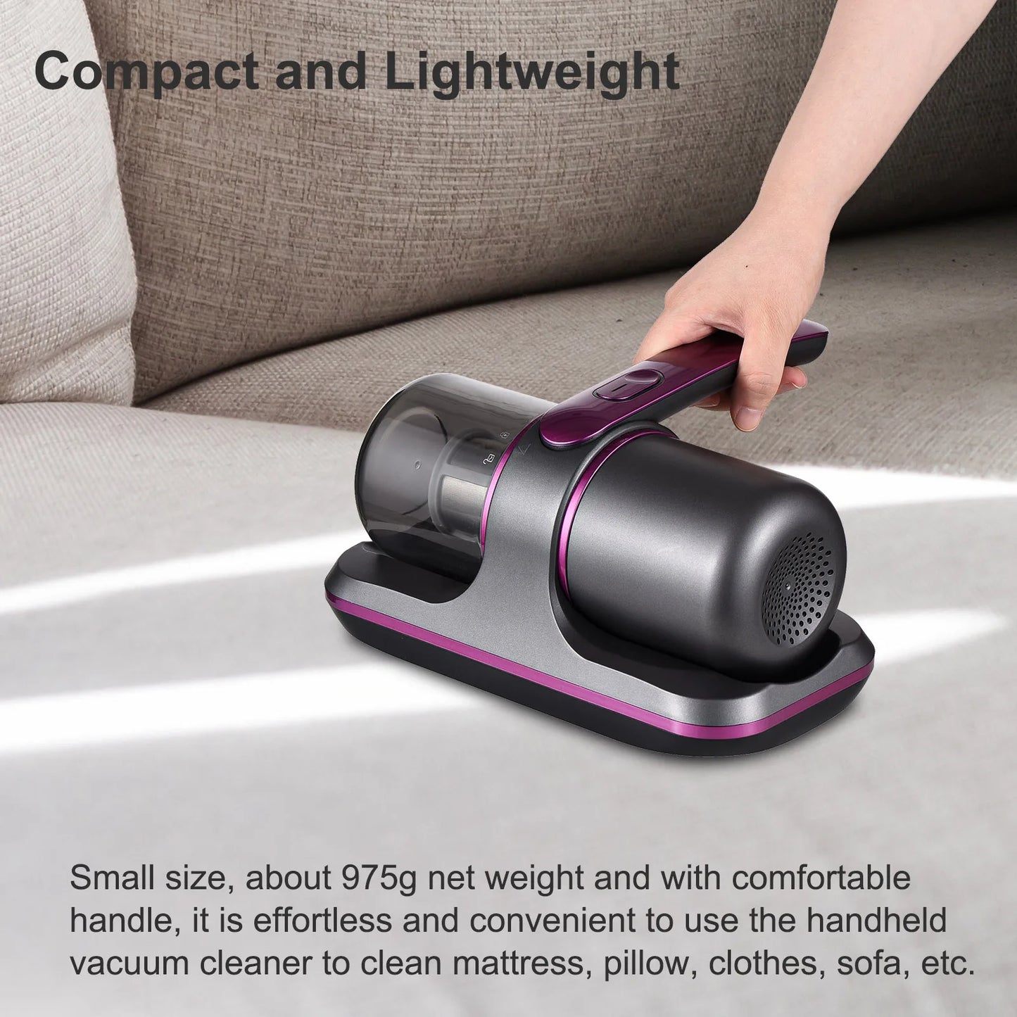 Compact Mattress Vacuum Cleaner 100W Handheld Cordless UV Bed Vacuum Cleaner 8000Pa Strong Suction 2 Speeds Adjustable for Clean