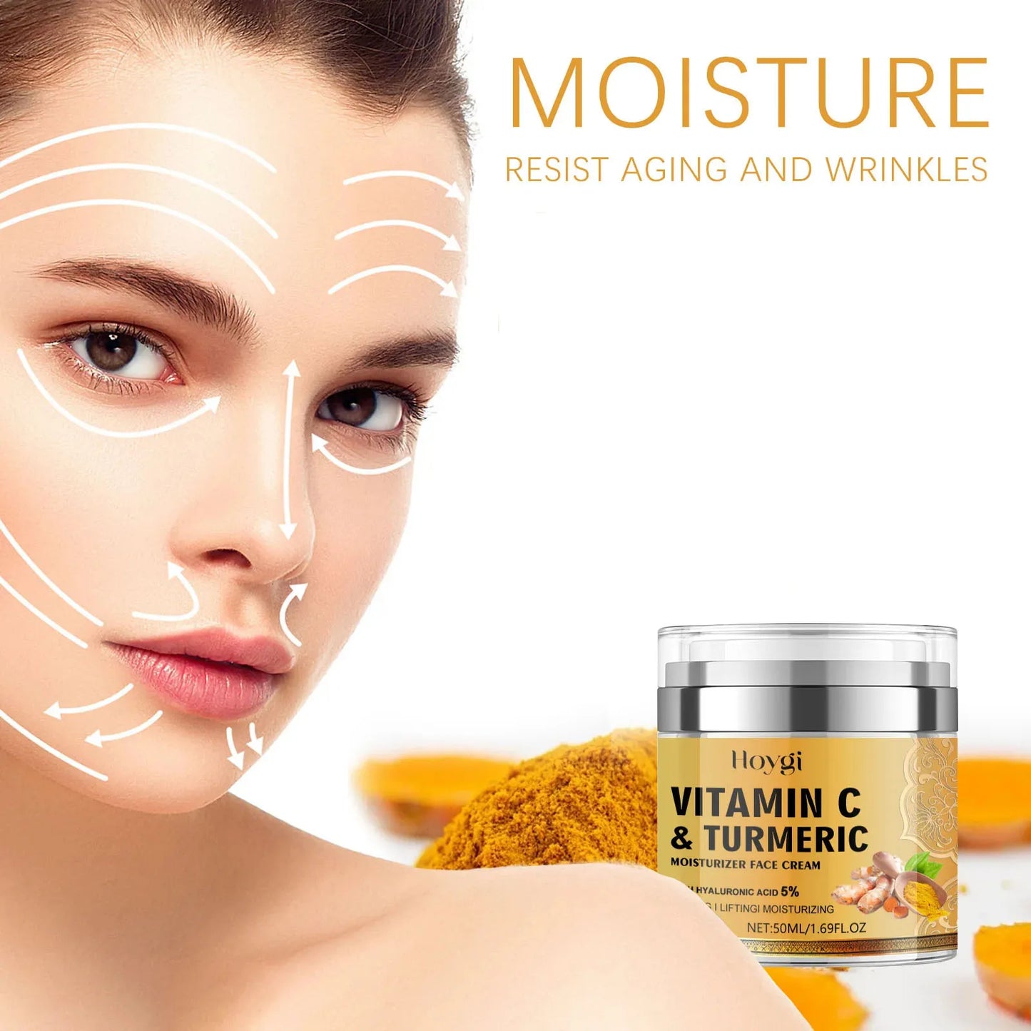 Hoygi Turmeric Cream Moisturizing P-igment Dark Spots Removal Lightening Skin Care Brightening Dullness Vitamin C Face Cream