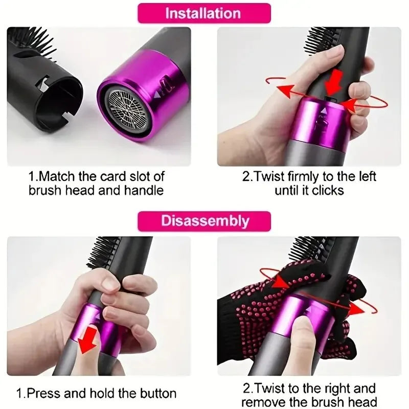 5 in 1 Negative Ion Hot Air Brush Kit Hair Dryer with 5 Detachable Brush Heads for Straightening and Curling Styling.