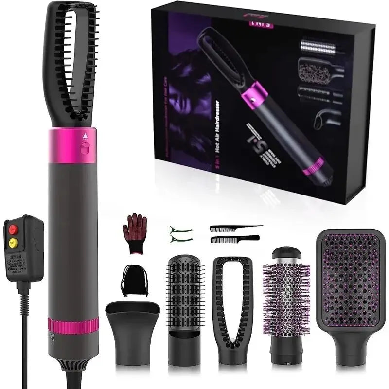 5 in 1 Negative Ion Hot Air Brush Kit Hair Dryer with 5 Detachable Brush Heads for Straightening and Curling Styling.